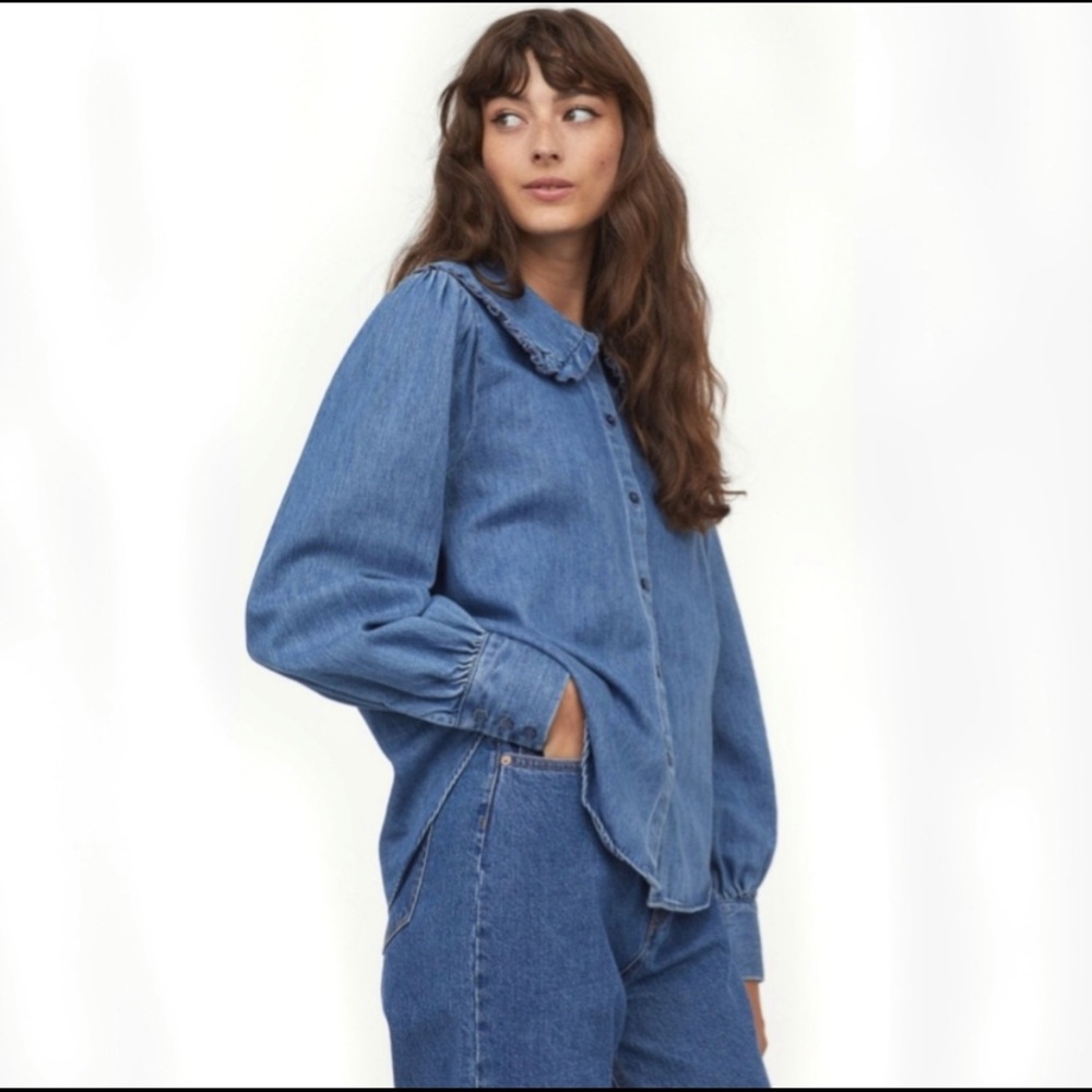 H&M Denim Ruffled Oversize Collar Top